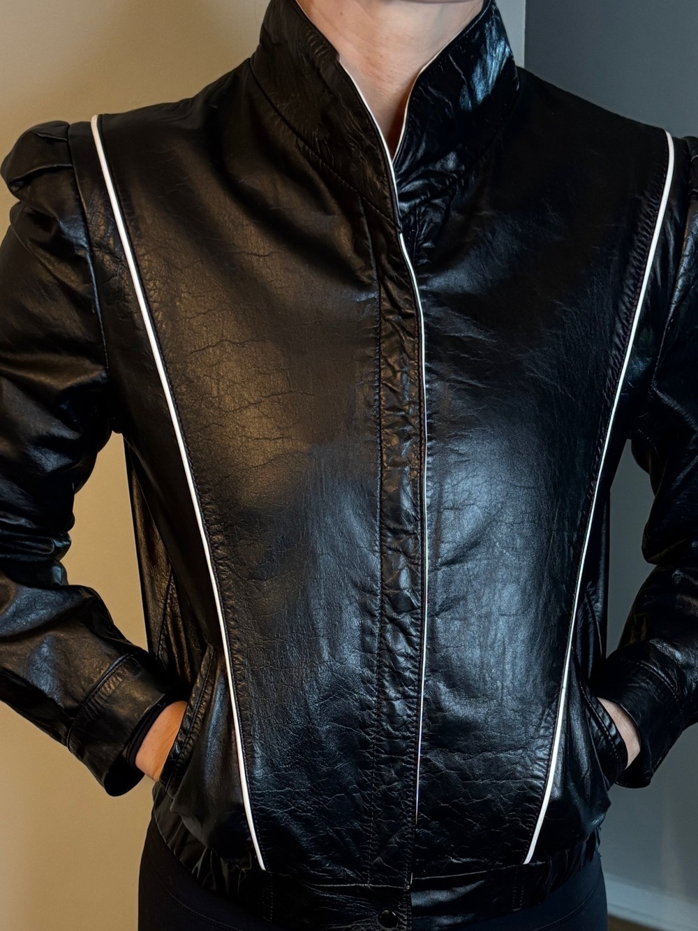 Black Genuine Leather Jacket with White Piping